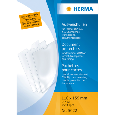 Ausweishüllen für DIN A6, transparent und dokumentenecht. Packung mit 25 Stück, Größe 110 x 155 mm.