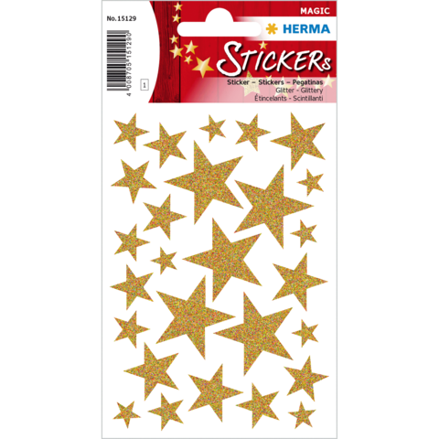 Glitzernde Sternaufkleber in verschiedenen Größen und Formen auf einem Bogen, ideal für Bastelprojekte und Dekoration.