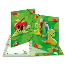 Bunte Ordner mit cartoonhaften Raupen, Äpfeln und Bleistiften, umgeben von Blättern. Enthält Platz für Namen und Notizen.