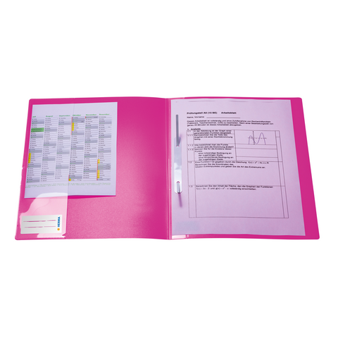Ein pinker Ordner mit einem Dokument und einem Stift. Das Dokument enthält Informationen und eine Grafik.
