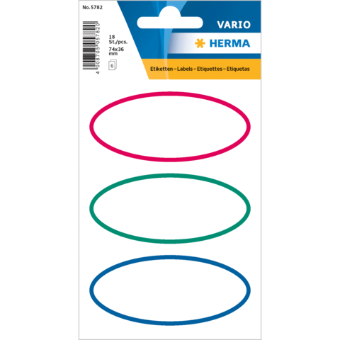 Drei ovalförmige Etiketten in pink, grün und blau auf einer Verpackung, insgesamt 18 Stück, Größe 74x36 mm.