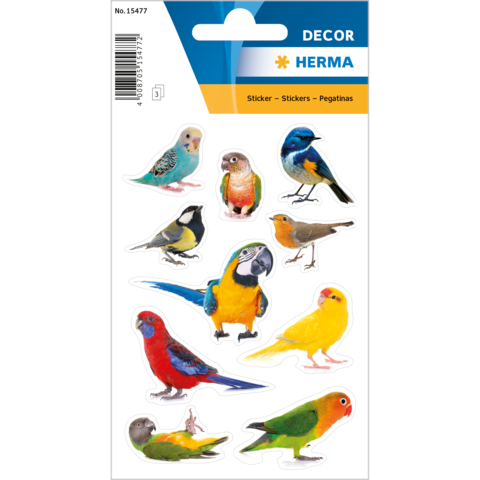 Bunte Vogelsticker in verschiedenen Arten und Farben, angeordnet auf einem weißen Hintergrund.