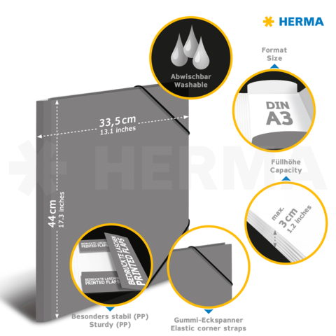 Graue A3-Mappe aus stabilem PP mit abwaschbarem Material und elastischen Eckspannern. Maße: 33,5 cm x 44 cm.