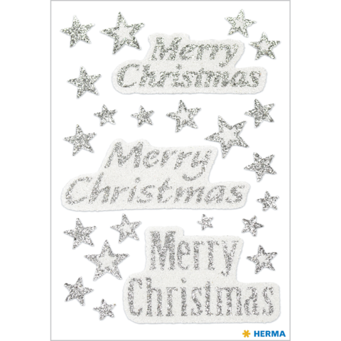 Glitzernde Aufkleber mit dem Text "Frohe Weihnachten" und verschiedenen Sternen in Silber auf weißem Hintergrund.