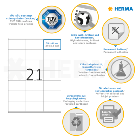 TÜV SÜD bestätigt störungsfreies Drucken. Enthält Informationen zu Etiketten, Haftung, Recycling und Druckkompatibilität für Laser und Inkjet.
