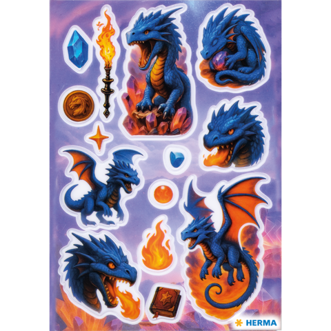 Autocollants avec des dragons bleus, des cristaux, une torche, des pièces de monnaie et des flammes dans différentes poses et designs.