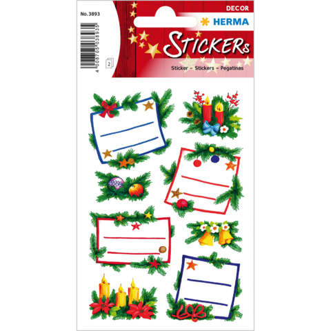 Weihnachtliche Aufkleber mit dekorativen Elementen wie Kerzen, Sternen und Pflanzen, versehen mit leeren Beschriftungsfeldern.