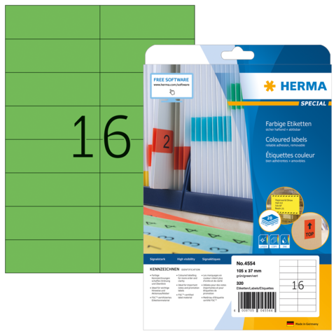 Grüne Etiketten mit der Nummer 16, verpackt in einer Herma-Hülle, die Informationen zu farbigen Etiketten enthält.