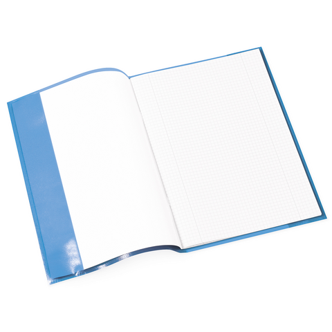 Un carnet ouvert, vide, avec du papier quadrillé et une couverture bleue.