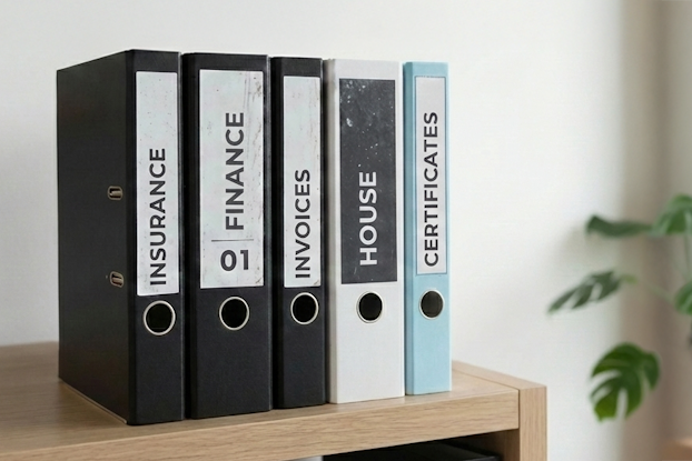 Dossier sur une étagère en bois, étiqueté "Assurance", "Finances", "Maison" et "Certificats". En arrière-plan, une plante.