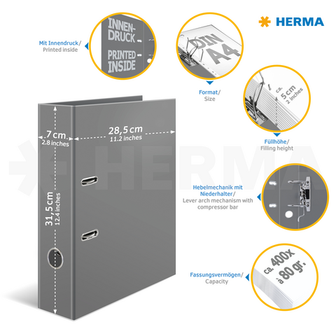 Grauer Ordner mit Informationen zu Format, Füllhöhe und Hebelmechanik. Enthält Details zu Kapazität und Druck.