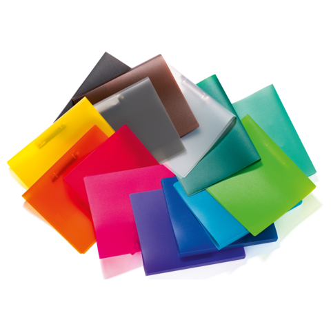 Bunte Kunststoffmappen in verschiedenen Farben, übereinander gestapelt, einschließlich Gelb, Pink, Blau, Grün und mehr.