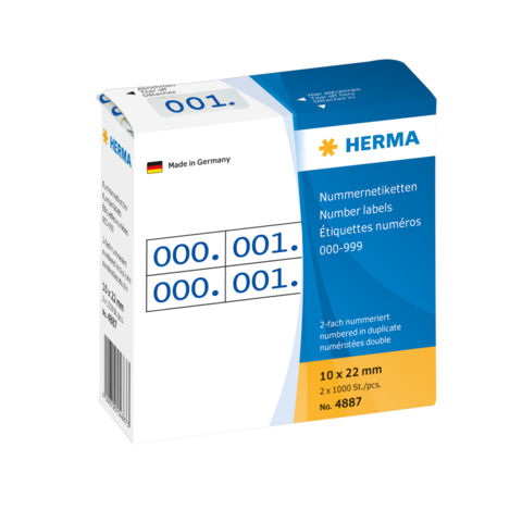 Nummeretiketten in einer Verpackung, mit den Nummern 000 und 001, hergestellt von HERMA, Made in Germany.