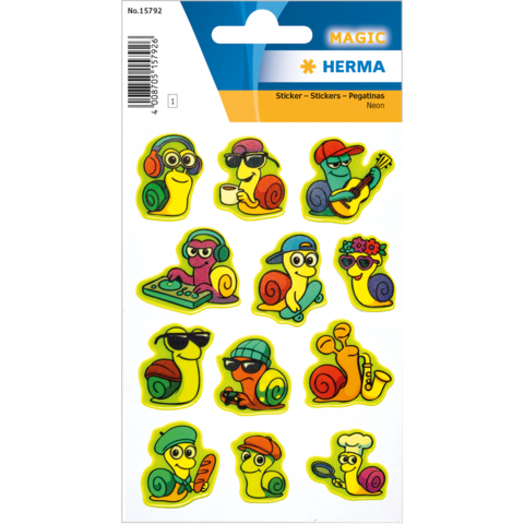 Autocollants colorés d'escargots dans différentes tenues et activités, notamment écouter de la musique, jouer et se détendre.