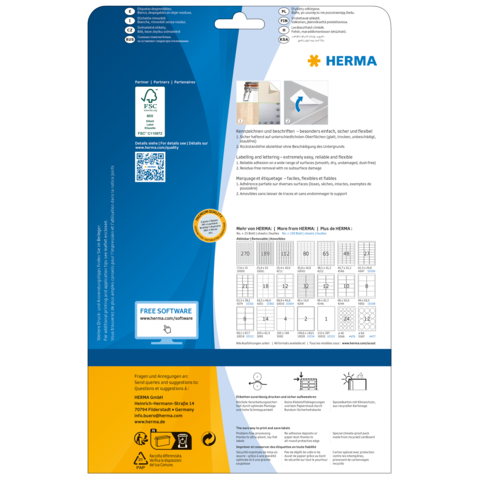 Rückseite einer Verpackung mit Informationen zu HERMA Produkten, einschließlich Anleitungen, Softwarehinweisen und QR-Code.