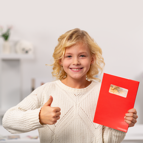 Une fille aux cheveux blonds et bouclés fait un pouce en l'air et tient une enveloppe rouge avec un autocollant dans la main.