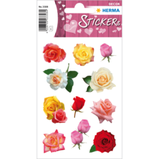 Bunte Rosen-Sticker auf einem Bogen, mit verschiedenen Farben und Formen, ideal für Dekoration und Bastelprojekte.