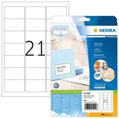 Etikettenpackung mit 21 vorgestanzten Etiketten, inklusive Beispiel für die Verwendung und Hinweis auf kostenlose Software.