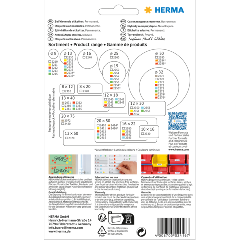 Produktübersicht von Herma mit verschiedenen Etikettenformaten, Farben und Anwendungshinweisen. Enthält QR-Code und Kontaktdaten.