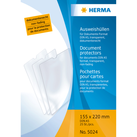 Ausweishüllen für Dokumente im DIN A5-Format, transparent und dokumentenecht, Packung mit 25 Stück. Größe: 155 x 220 mm.