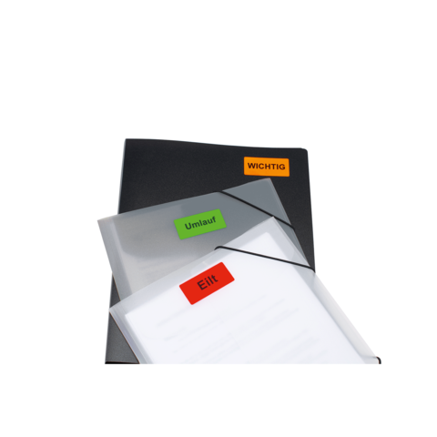 Schwarzes Ordner mit dem Aufdruck "WICHTIG" und transparenten Hüllen, die die Beschriftungen "Umlauf" und "Elite" tragen.