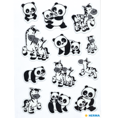 Tieraufkleber mit Pandas, Zebras und anderen Tieren in verschiedenen Posen auf einem transparenten Hintergrund.