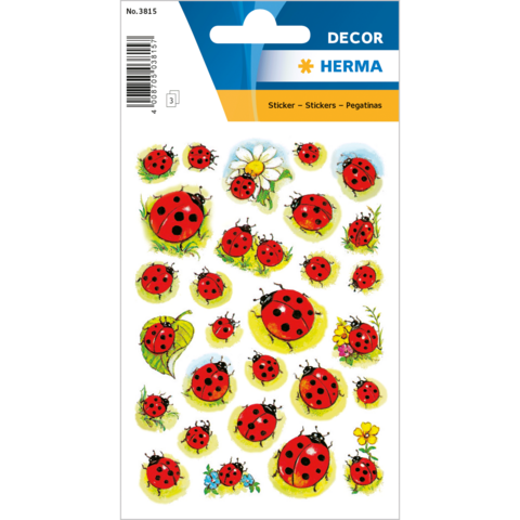 Aufkleberbogen mit verschiedenen Marienkäfern in Rot und Schwarz, umgeben von Blumen und Blättern.