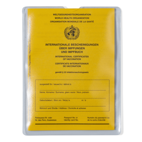 Gelbes Impfheft mit internationalen Bescheinigungen über Impfungen, einschließlich Platz für persönliche Daten und Impfvermerke.