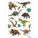Diverse Dinosaurier-Sticker, darunter Tyrannosaurus, Triceratops und Stegosaurus, umgeben von Pflanzenmotiven.