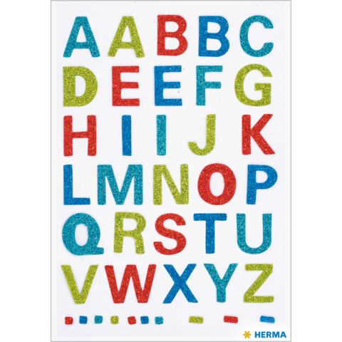 Bunte, glitzernde Buchstaben des Alphabets in Großbuchstaben, angeordnet in mehreren Reihen. Enthält Buchstaben von A bis Z.