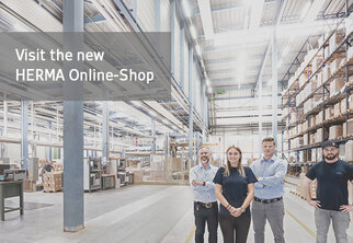 Visitez la boutique en ligne, employés dans la logistique, texte en anglais.