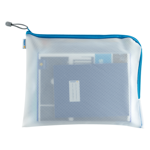 Transparente Tasche mit blauer Reißverschlusskante, die mehrere Dokumente oder Notizblätter enthält.