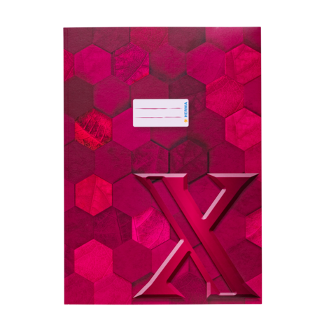 Rotes Notizbuch mit hexagonalem Muster und hervorgehobenem Buchstaben "X" auf der Vorderseite. Ein kleines Feld für eine Adresse ist ebenfalls vorhanden.