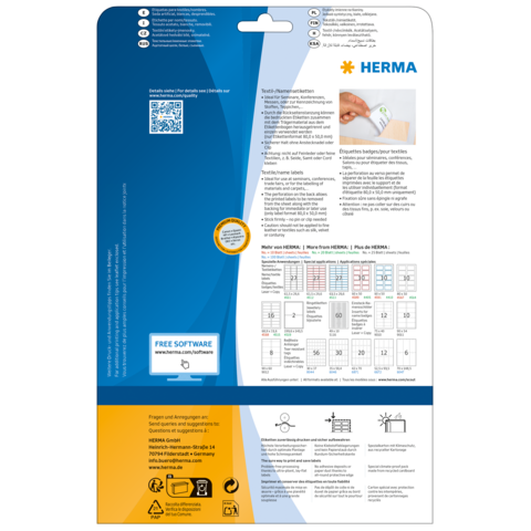 Rückseite einer Verpackung für Etiketten von HERMA, mit Anweisungen, QR-Code und Informationen zur Software.