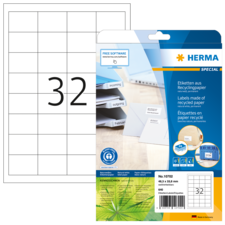 Etikettenpackung von Herma mit 32 Etiketten aus Recyclingpapier, inklusive Softwarehinweis für die Gestaltung.