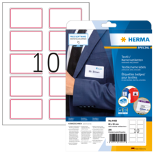 Ein Blatt mit 10 beschriftbaren Namensetiketten und eine Verpackung mit 200 Etiketten für Textilien von Herma.