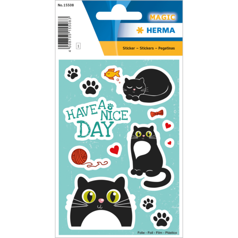 Aufkleber mit verschiedenen Katzenmotiven, Pfotenabdrücken, einem Wollknäuel und dem Text "Have a nice day".