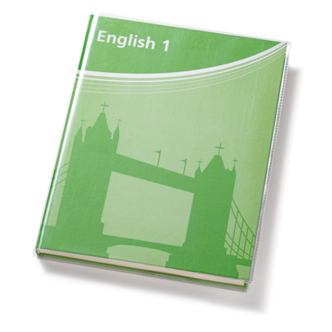 Grünes Buchcover mit der Aufschrift "English 1" und einer schematischen Darstellung einer Brücke im Hintergrund.