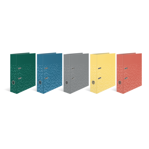 Fünf Ordner in verschiedenen Farben (grün, blau, grau, gelb, rot) stehen nebeneinander, jeder mit zwei Metallringen und einem Muster.
