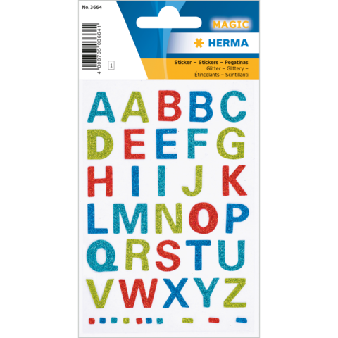 Bunte Buchstabensticker in verschiedenen Farben, angeordnet von A bis Z, mit glitzerndem Effekt.