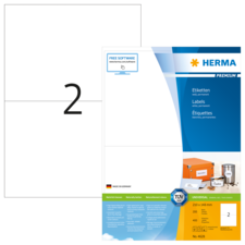 Etikettenblatt von HERMA mit Informationen zu Etiketten, Software-Hinweis und Produktdetails. Größe 210 x 148 mm, 200 Stück.
