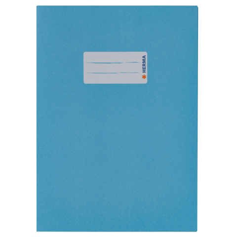 Blauer Ordner mit einem weißen Etikett, auf dem "HERMA" steht, und mehreren Linien zum Beschriften.