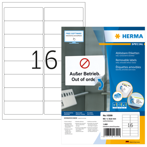 Ablösbare Etiketten auf einem Blatt mit der Nummer 16. Verpackung zeigt die Aufschrift "Außer Betrieb" und "Out of order".