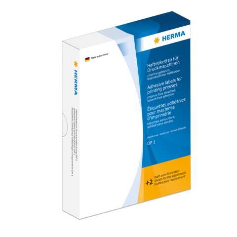 Hefterpackung mit Haftetiketten für Druckmaschinen, beschriftet mit "HERMA" und Informationen zu Verwendung und Eigenschaften.