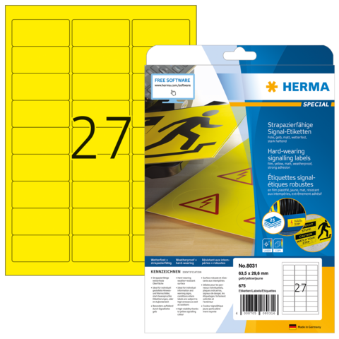 Gelbe Signaletiketten mit der Nummer 27, verpackt in einer robusten Hülle von Herma, geeignet für verschiedene Kennzeichnungsanwendungen.