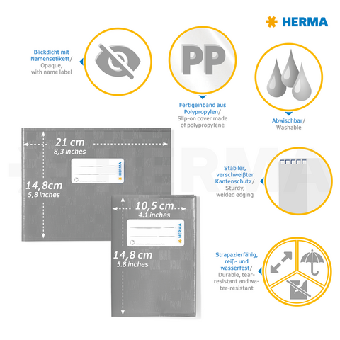 Chemises en polypropylène transparentes avec un design effaçable, des bords solides et une étiquette nominative. Dimensions : 21 x 14,8 cm et 10,5 x 14,8 cm.