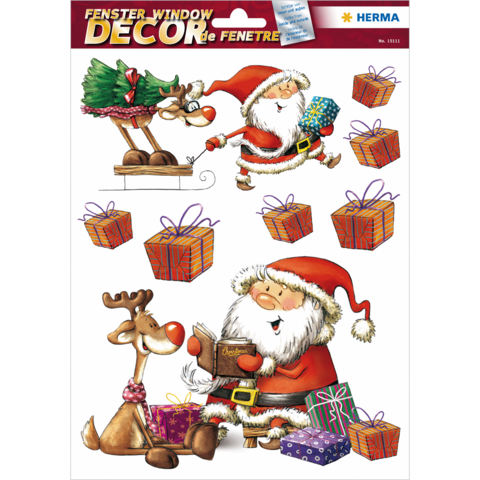 Weihnachtliche Fensterdekoration mit einem Weihnachtsmann, einem Rentier, einer tanzenden Figur und mehreren Geschenken.