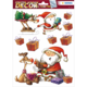 Weihnachtliche Fensterdekoration mit einem Weihnachtsmann, einem Rentier, einer tanzenden Figur und mehreren Geschenken.