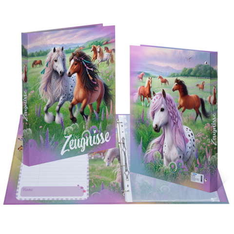 Des classeurs colorés avec des motifs de chevaux dans une prairie, dont un cheval blanc, un cheval brun et un cheval violet. Sur un classeur, il est écrit "Certificats".