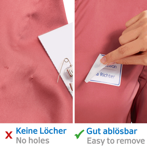 Zwei Etiketten auf einem rosa Stoff: links "Keine Löcher" mit einem roten Kreuz, rechts "Gut ablösbar" mit einem blauen Häkchen.